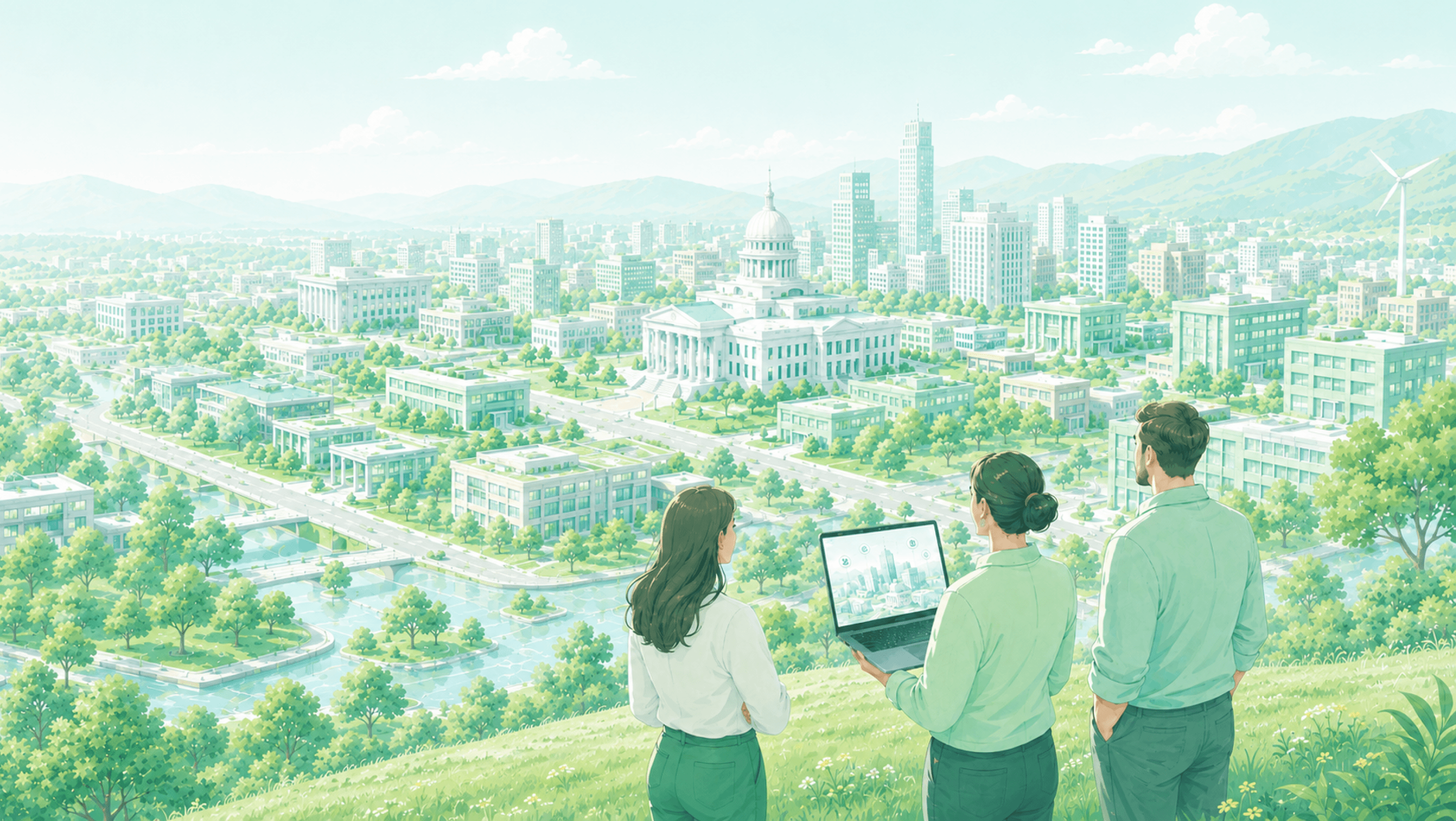Illustration of people viewing a modern civic cityscape